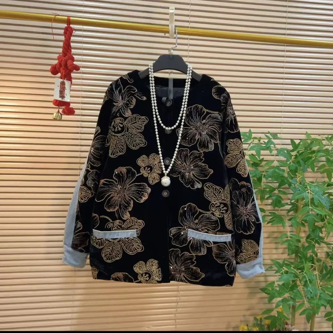 女新中式厚款民族风保暖短外套长袖冬季植物花卉