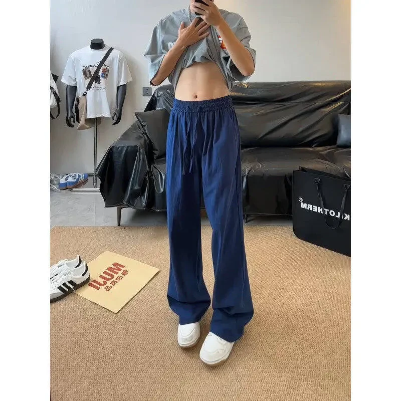 藏青色棉麻休闲裤男夏季薄款慵懒松弛感裤子宽松直筒老钱风山本裤