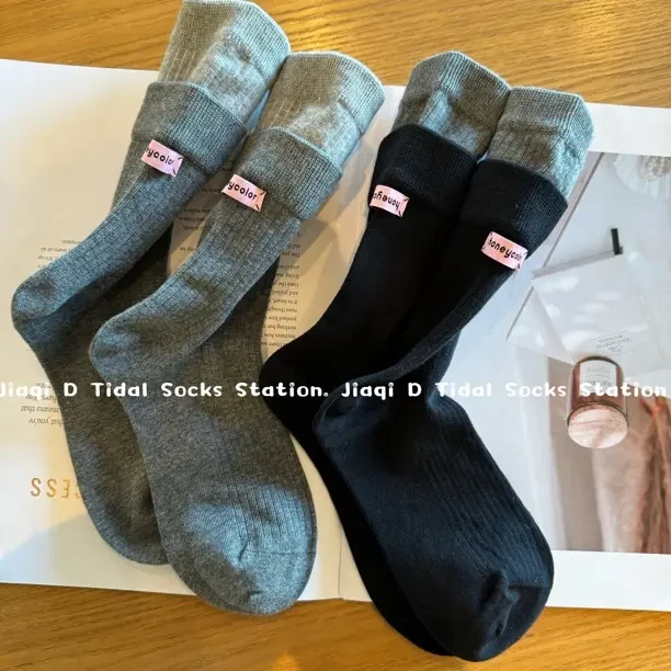 韩版双层拼色后跟布标中筒袜女网红爆款潮流百搭堆堆袜s