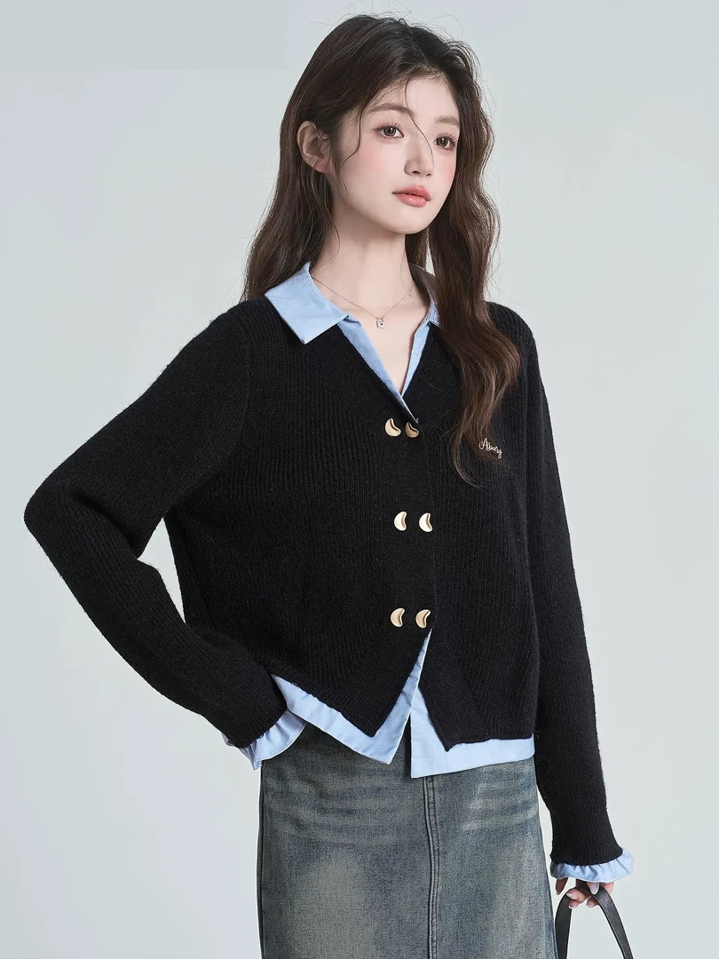 【宽松+视角显瘦】定制版黑色假两件针织衫女秋季新款学院风POLO领