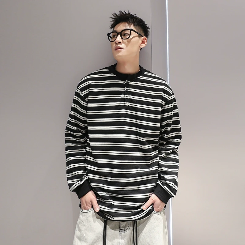 有术美式潮牌条纹通勤打底长袖T恤男士春秋新款圆领休闲宽松上衣