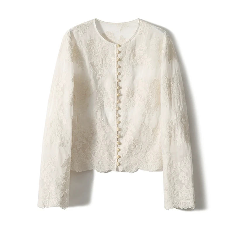 笑涵阁 香榭假日 法式浪漫感 圆领单排扣波浪边蕾丝刺绣小上衣の