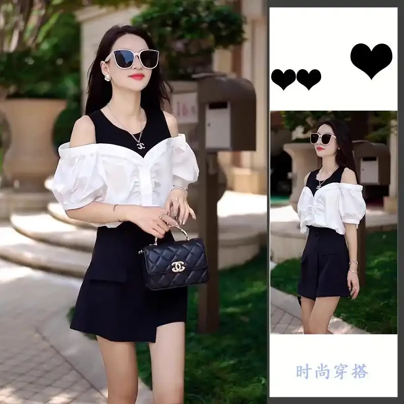 韩版小众设计感露肩假两件拼接系带气质衬衫夏季百搭短袖上衣女潮