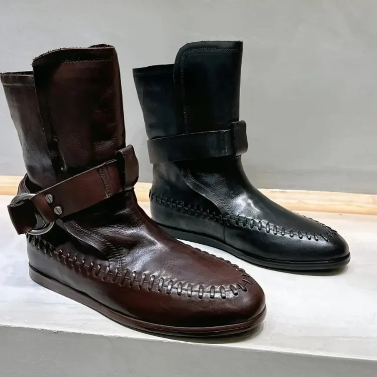 秋冬新款厚底编织圆头百搭显瘦女款真皮马丁短靴