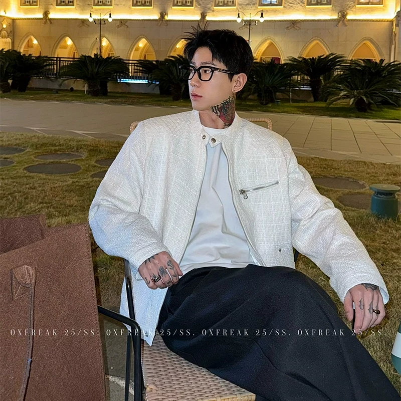 OXFREAK 「新贵老钱风 编织格子」小香风正肩夹克男短款宽松外套