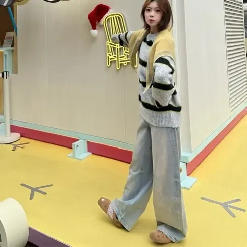 条纹拼色针织衫女慵懒风宽松圆领手工粗棒加厚早秋上衣