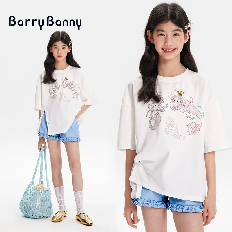 BarryBanny女童白色T恤2025夏季新款儿童设计感上衣美人鱼短袖