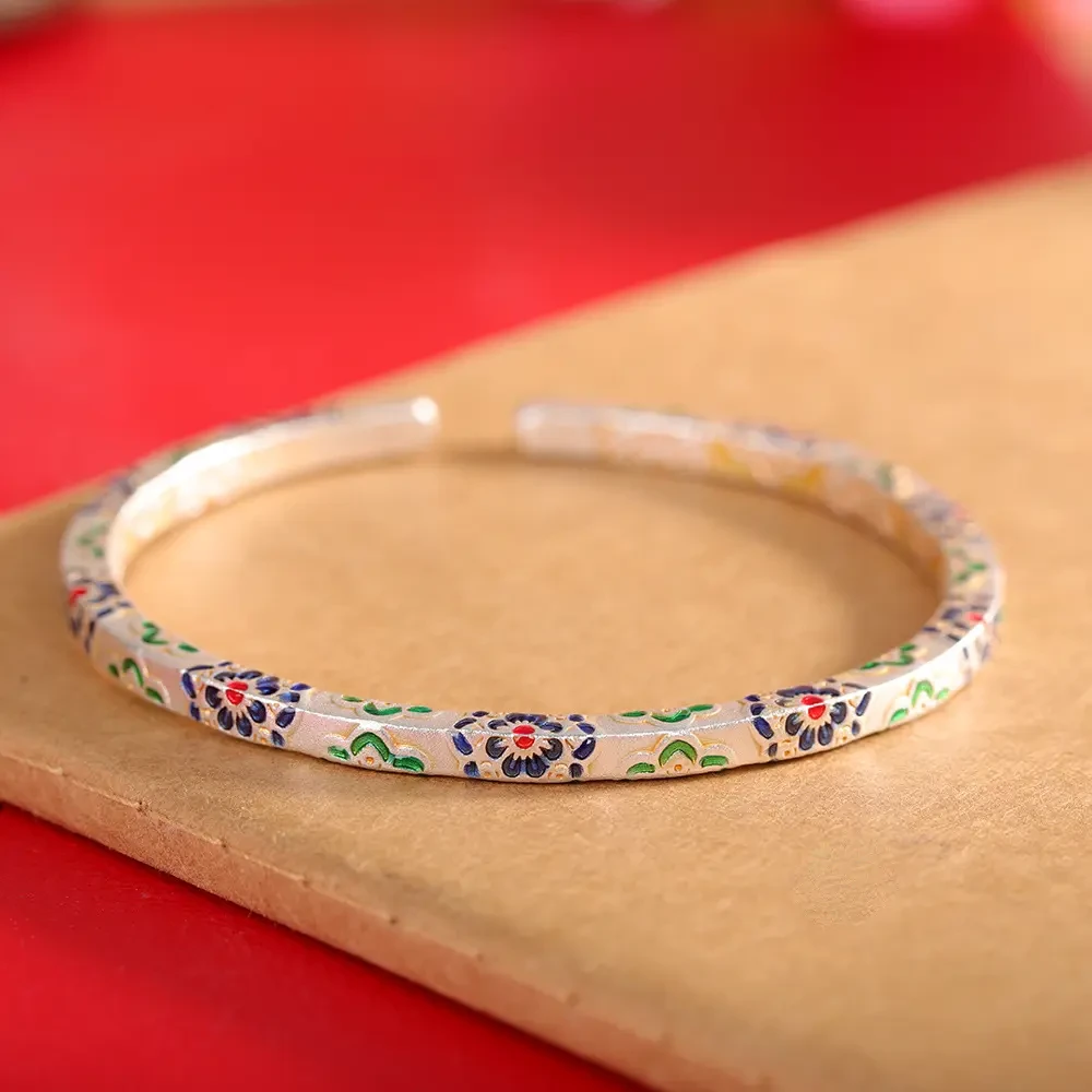 足银手镯 足银9999描金珐琅彩花卉手镯个性百搭小众开口手环