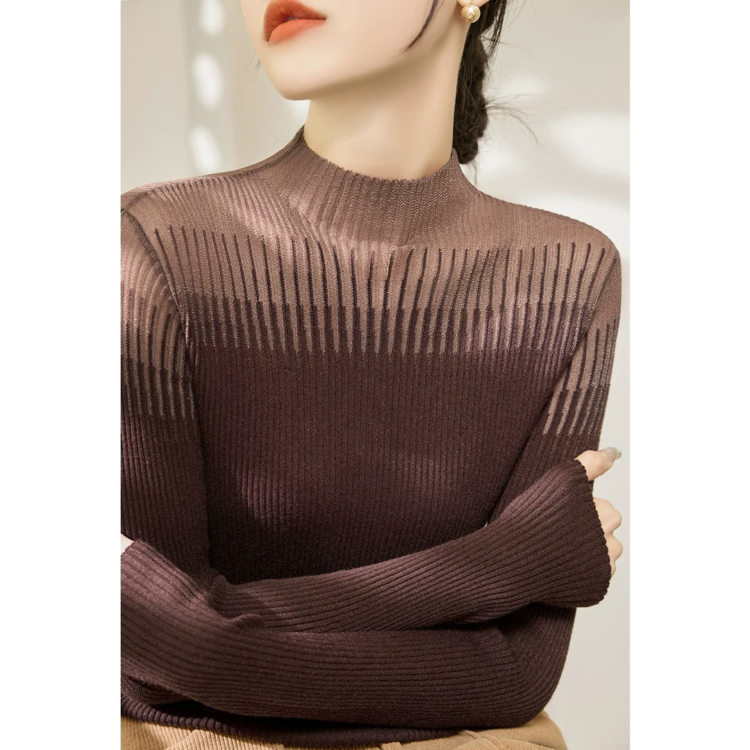 深棕色半高领蕾丝网纱设计长袖针织衫女修身打底上衣春季新款毛衣