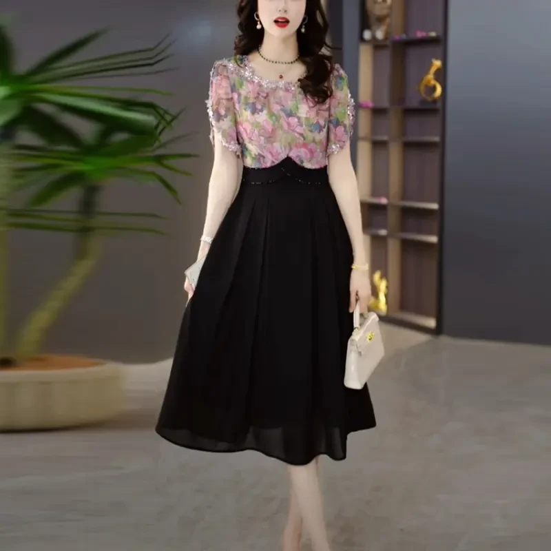 轻羽丝轻奢女装2025夏季新款时尚洋气优雅收腰显瘦假两件连衣裙子