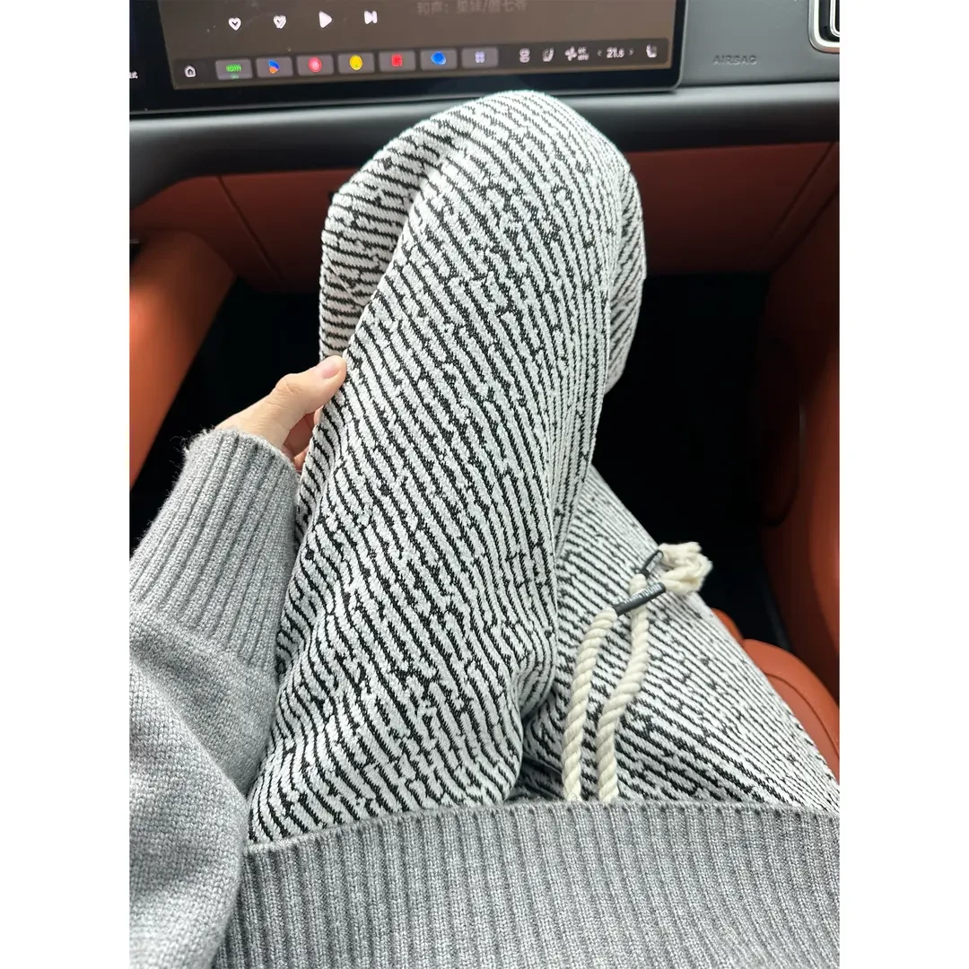 小香风冰丝裤子男夏季潮牌休闲裤条纹直筒春季重磅粗花针织卫裤