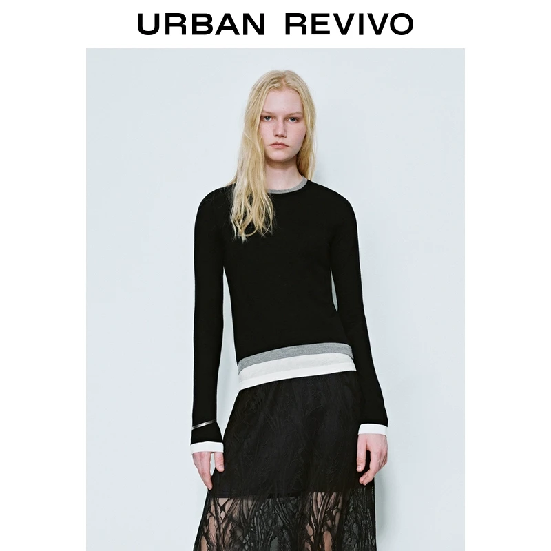 UR2025春季新款女装欧若风撞色假两件设计感修身针织衫UWJ950010