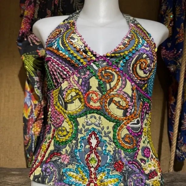 泰国手工钉珠吊带上衣设计复古风格夏季舒适