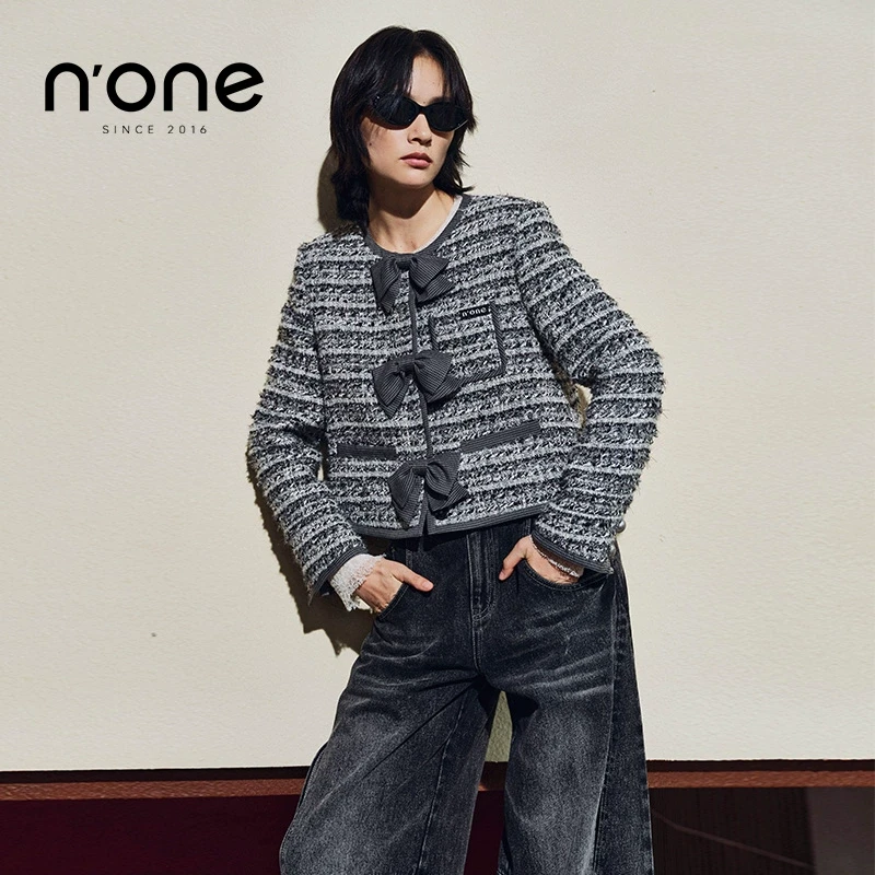 none2025春季新款粗花呢老风小香风千鸟格外套女蝴蝶结年会战袍