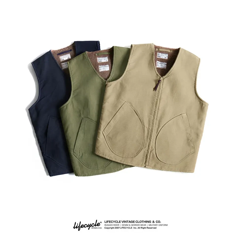 秋冬季甲板服加绒男士工装马甲秋冬复古羊羔绒背心