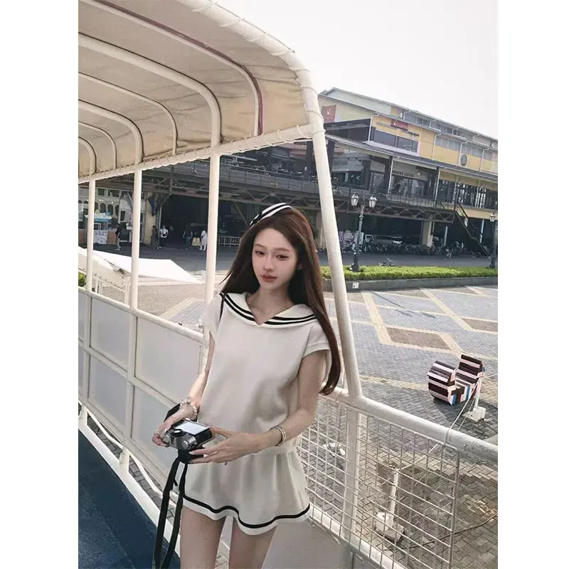 2025夏季日系时尚减龄条纹海军领上衣女小个子高腰显瘦半身裙套装