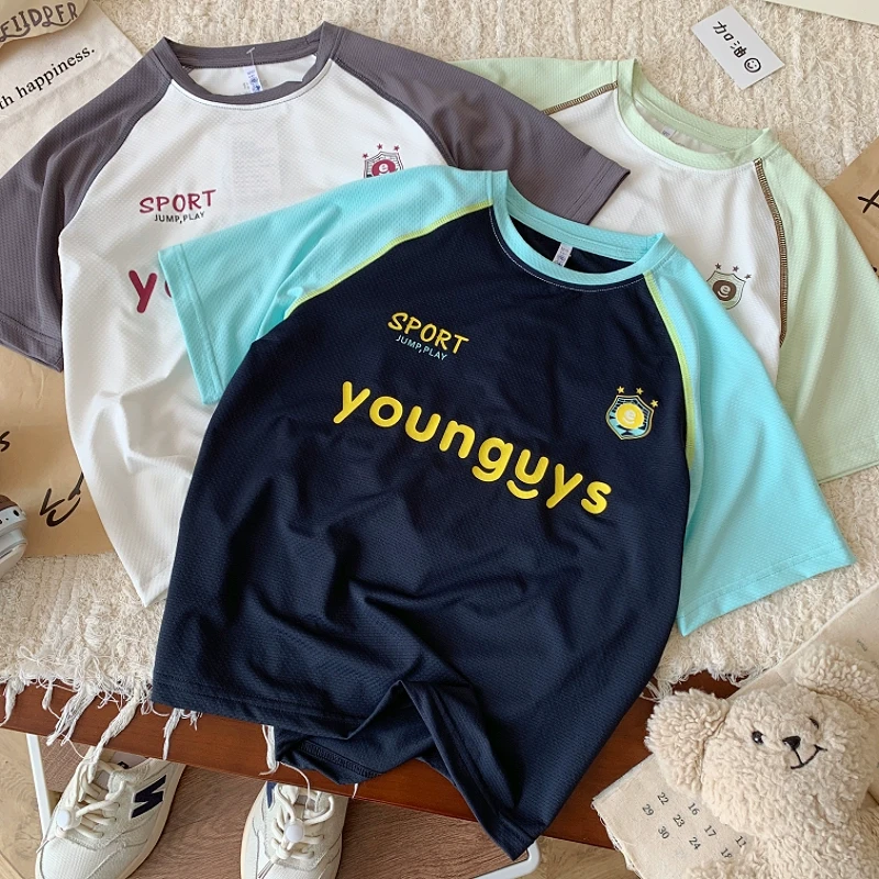 夏季男童速干T恤撞色印花休闲短袖男孩轻薄透气户外运动半袖上衣