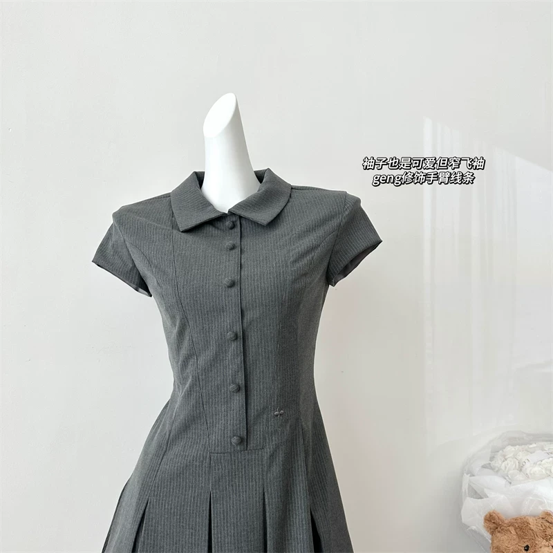 等你下课短款连衣裙a字裙短袖衬衫裙通勤学院西装料茶歇裙