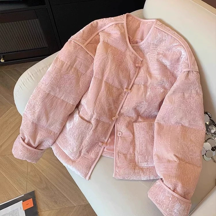 粉色新中式短款棉服外套女冬季大码胖mm高级漂亮好看保暖棉衣外套
