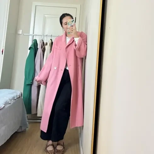 粉色双面呢中长款过膝系带气质大衣外套