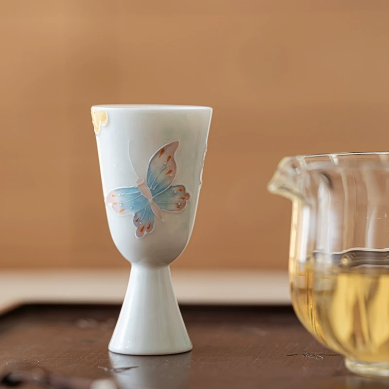君青手绘蝶舞岚影高足茶杯女主人杯个人专用茶具陶瓷品茗杯单杯