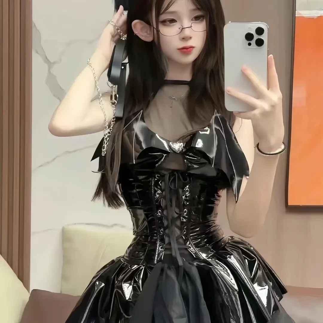 【调皮小恶魔】漆皮御姐动漫魔女蓬蓬裙网纱亮面挂脖款式连衣裙性感