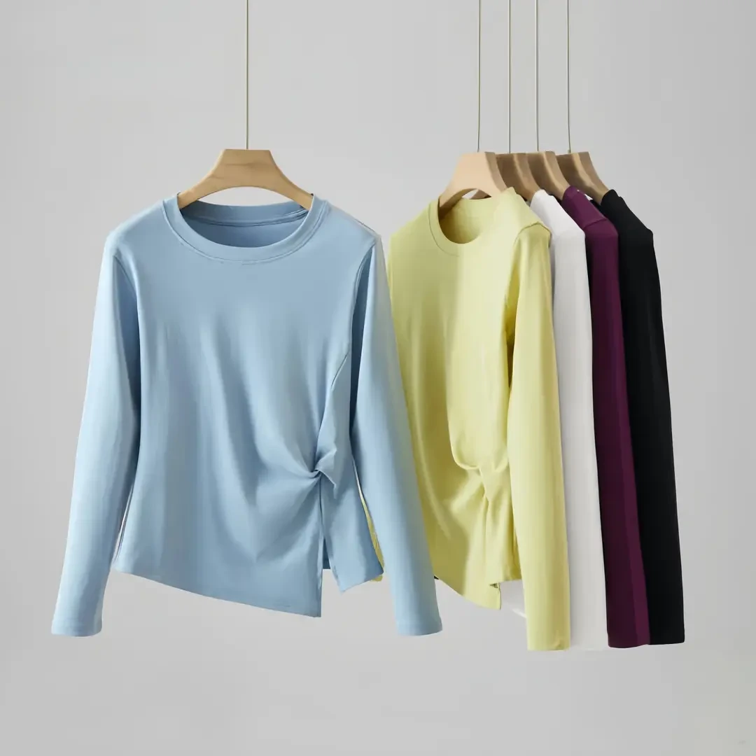 秋季显瘦不规则气质上衣新款法式减龄打底衫女圆领正肩T恤修身