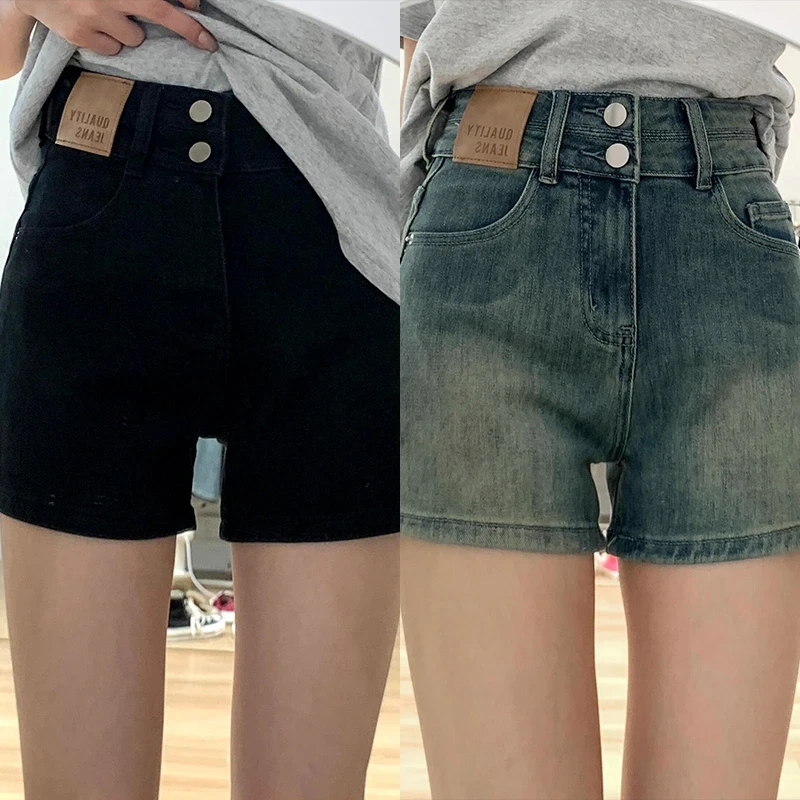 复古弹力牛仔短裤女高腰秋冬新款大码胖mm显瘦梨型身材a字热裤子