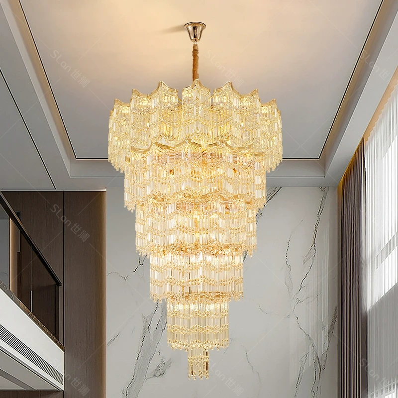 复式楼别墅客厅大吊灯楼中楼酒店现代轻奢水晶中空挑空跃层楼梯灯