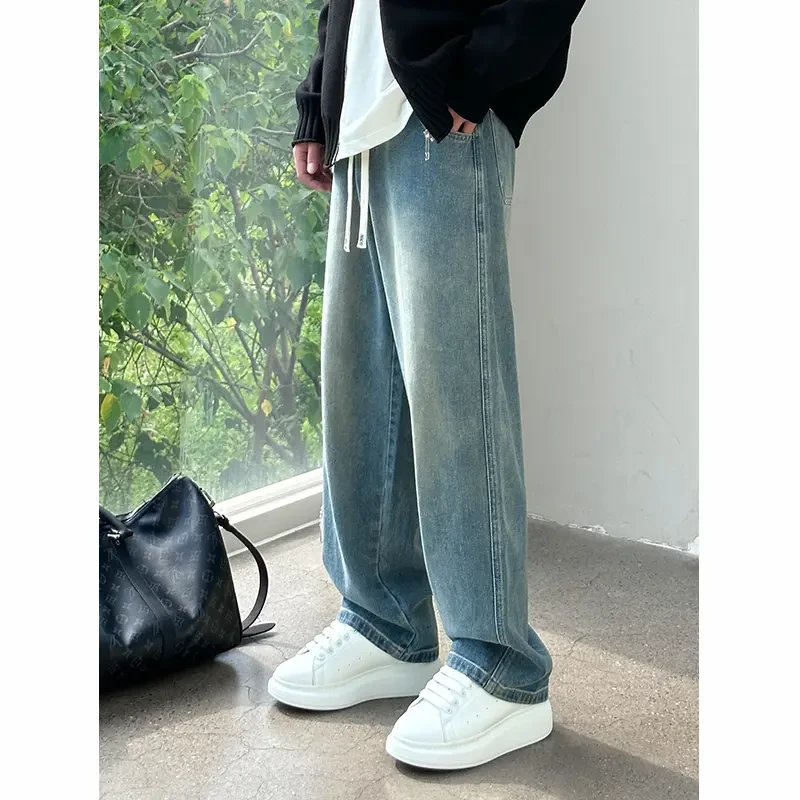 【时尚起易】秋冬软牛仔裤男女潮流松紧百搭宽松休闲复古垂感直筒裤