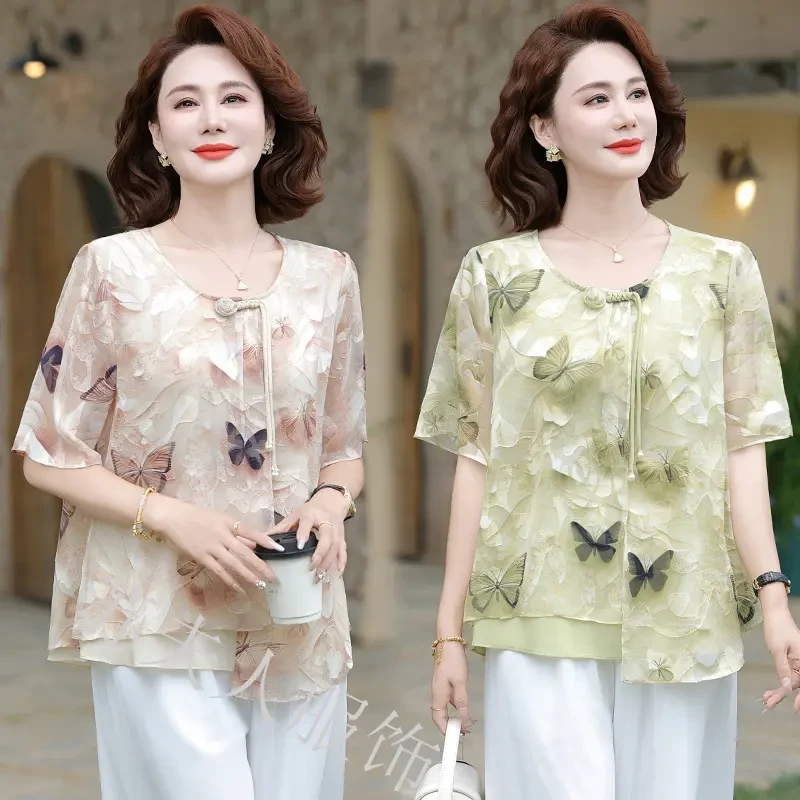 母亲节时尚中年妈妈夏装短袖T恤上衣中老年女装夏季洋气宽松小衫