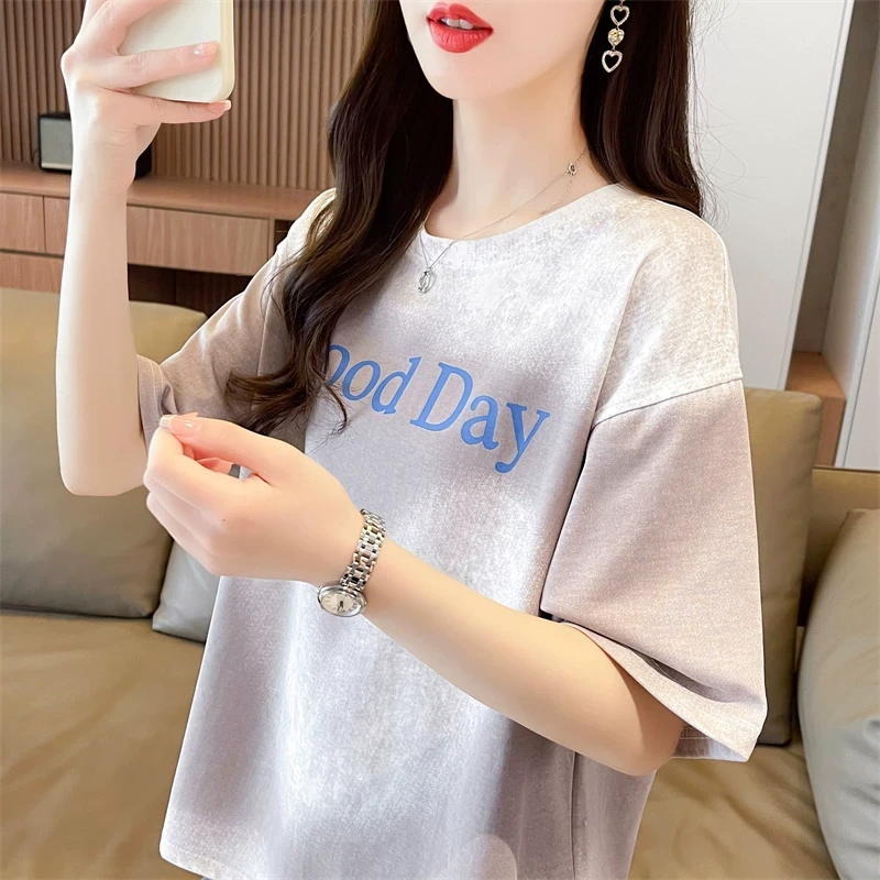 设计感小众短袖拼色恤女夏季韩版宽松大码女装渐变色扎染上衣服