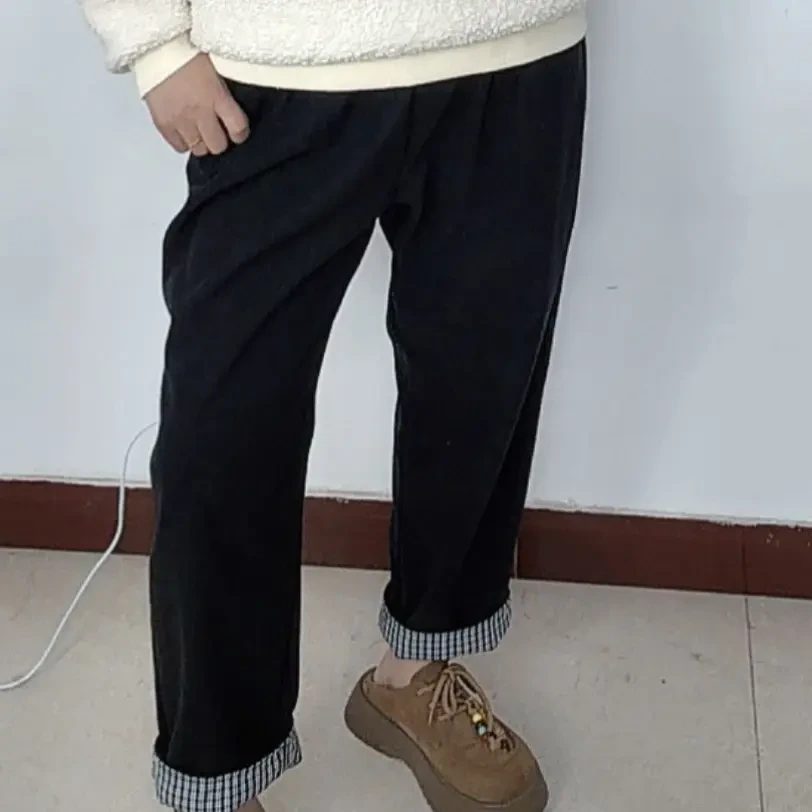 秋季新款条纹加绒休闲裤女宽松直筒显瘦百搭格子长裤子