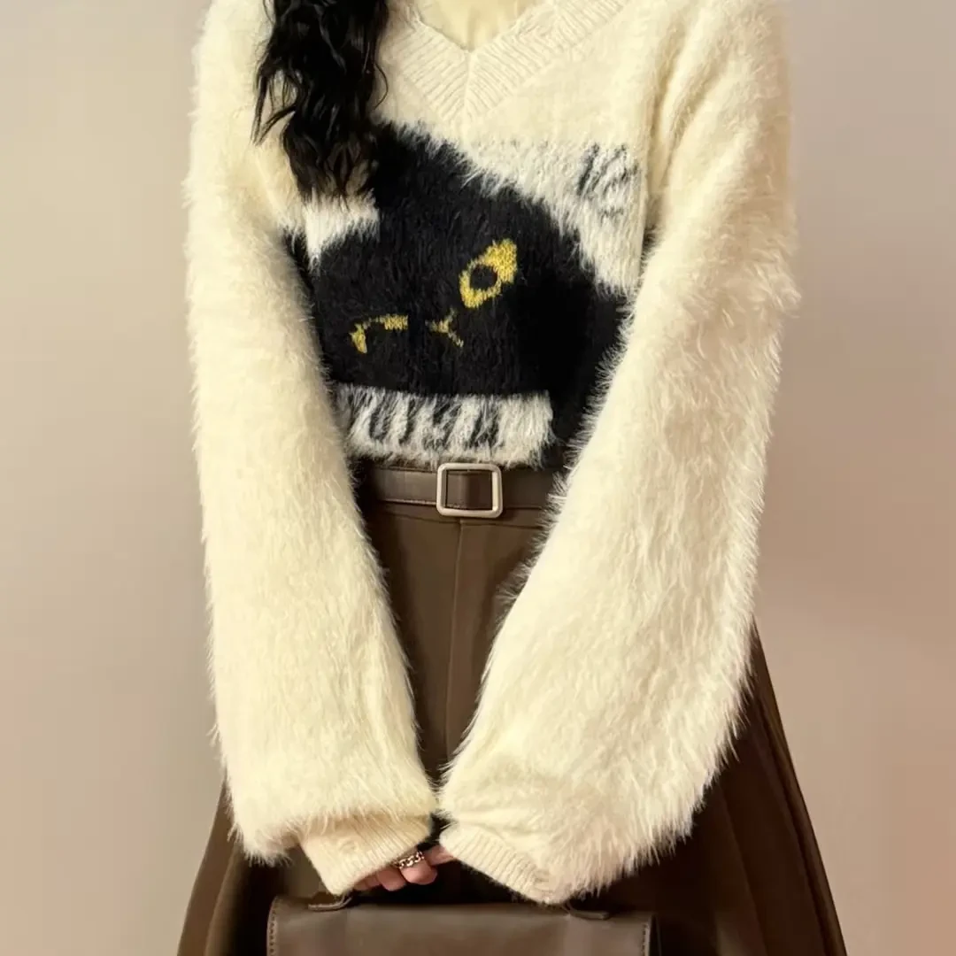 直播链接刺绣厚款长袖针织少女风V领毛衣韩版时尚复古套头ins