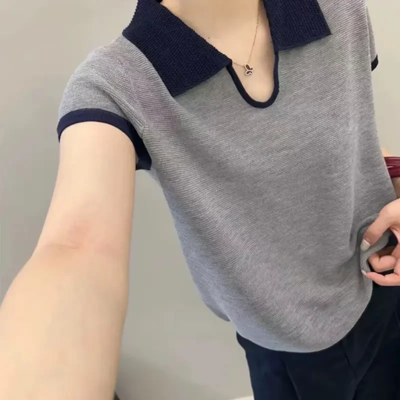 法式polo领撞色针织短袖上衣女2025夏季时尚设计感小众别致短款