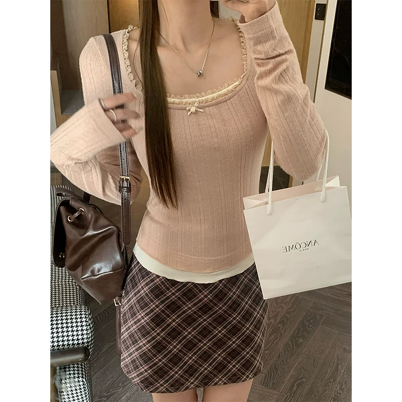 【年货捡漏】乌77假两件拼蕾丝花边针织衫女花朵蝴蝶设计结方领上衣