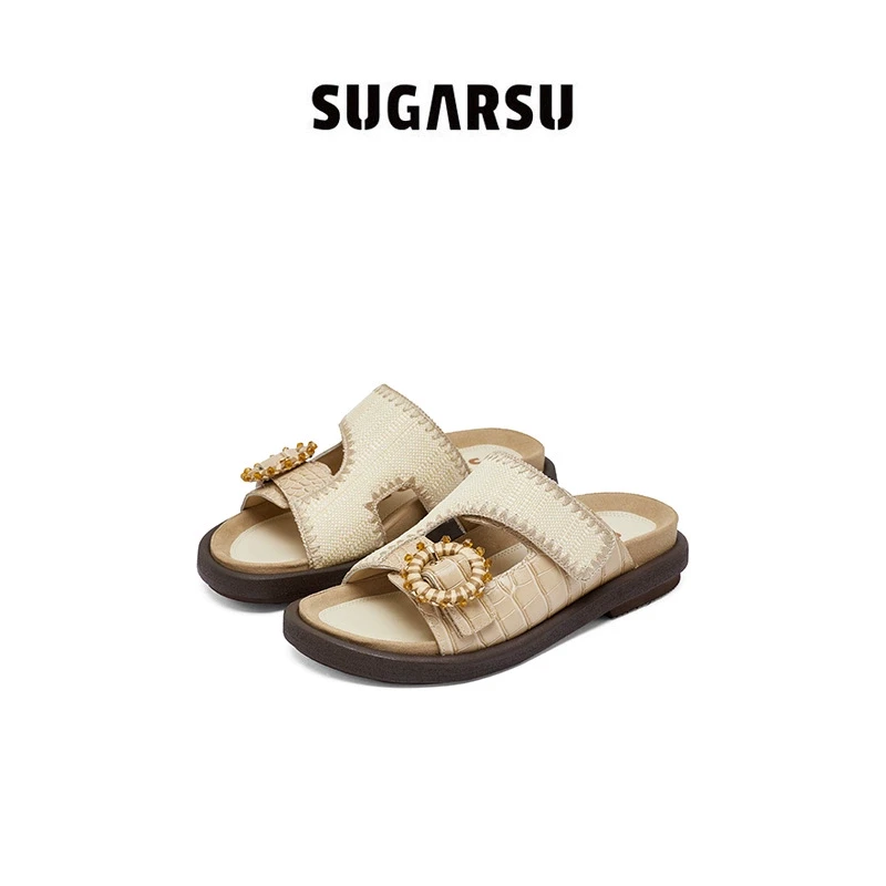 SUGARSU酥履 夏季新款度假勃肯编厚底凉拖鞋女夏外穿露趾
