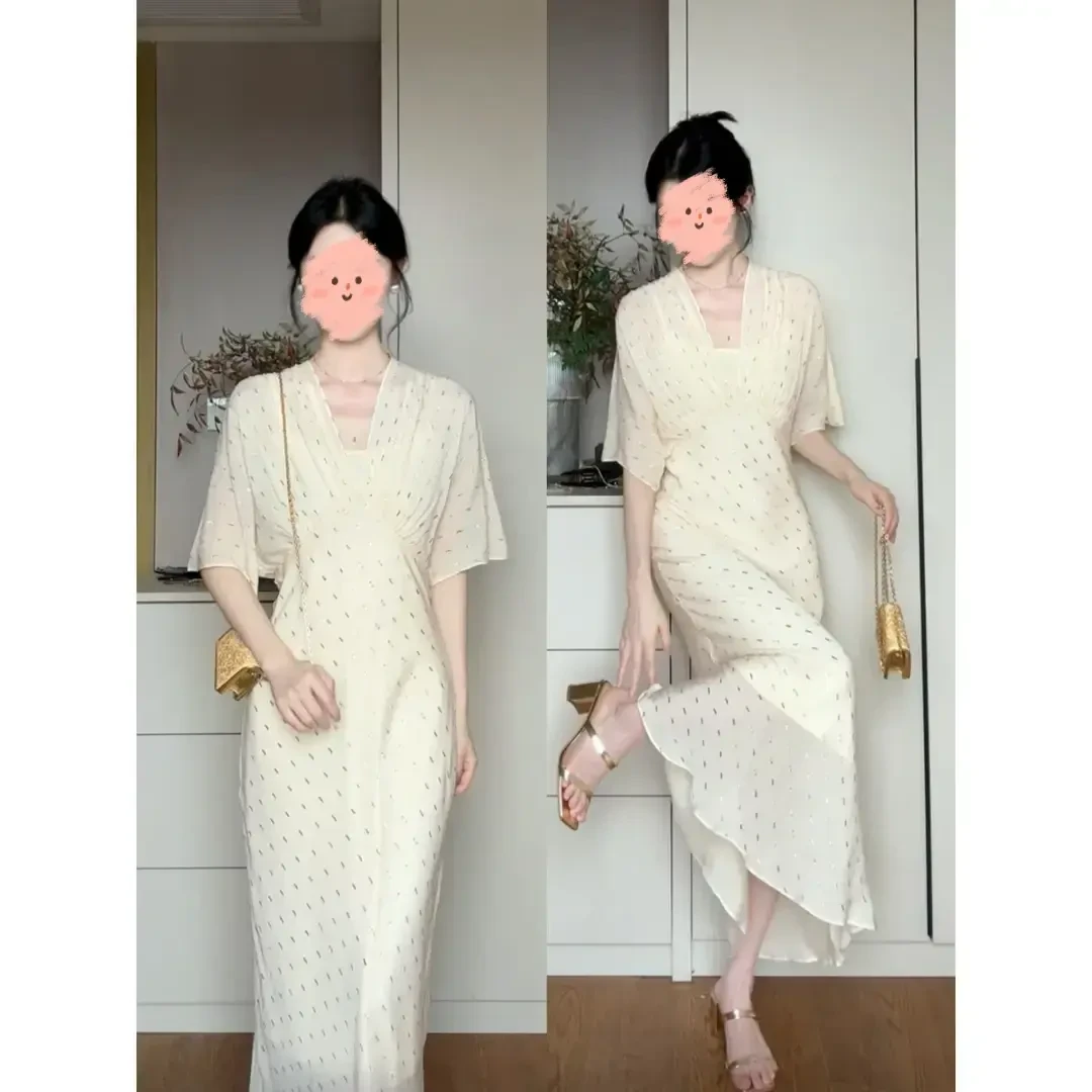 【现货】法式轻奢优雅气质V领波点连衣裙子女装新款温婉大方时尚潮