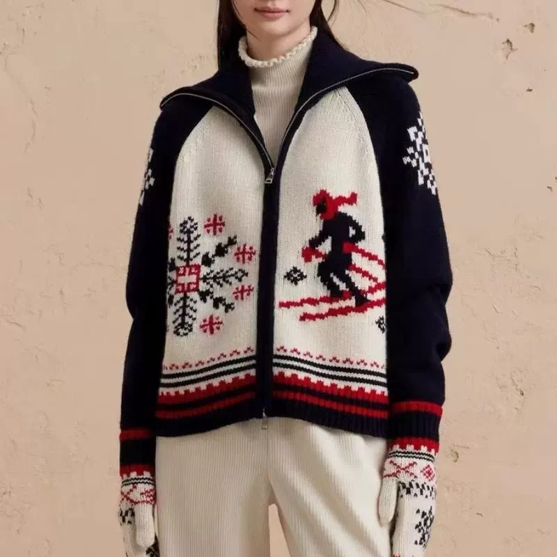 羊范秋冬费尔岛滑雪提花软糯山羊绒开衫女宽松翻领圣诞风针织外套
