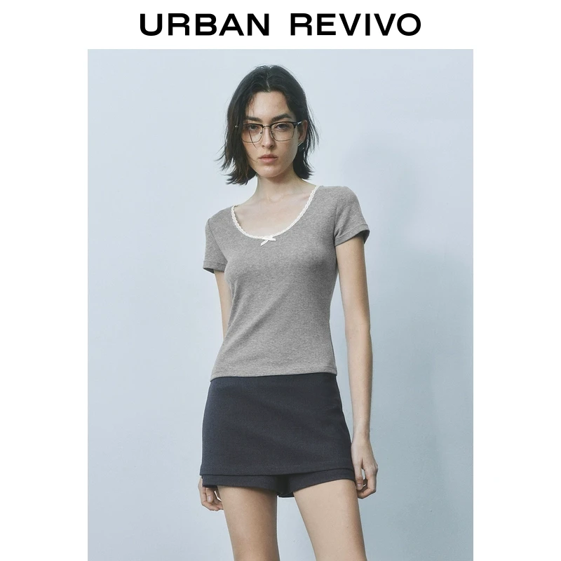 UR2025夏季新款女装时尚休闲撞色拼接蝴蝶结短袖T恤UYY450155