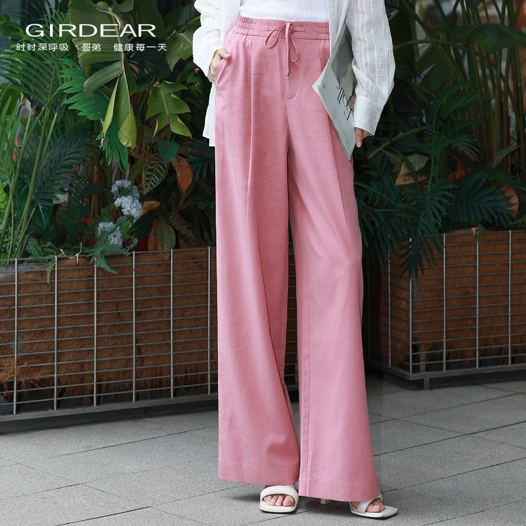 哥弟女装新款时尚高腰显瘦松紧系带粉色亚麻休闲直筒裤110002-75