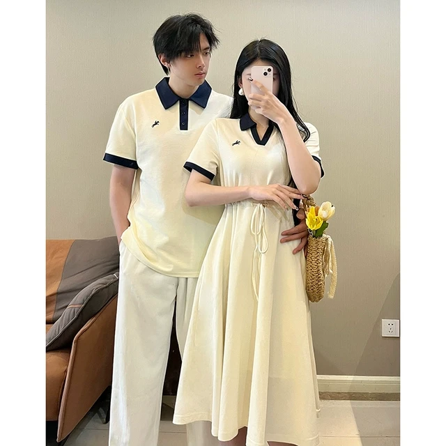 情侣装夏装2025年新款法式学院风Polo领连衣裙短袖T恤一裙一衣潮