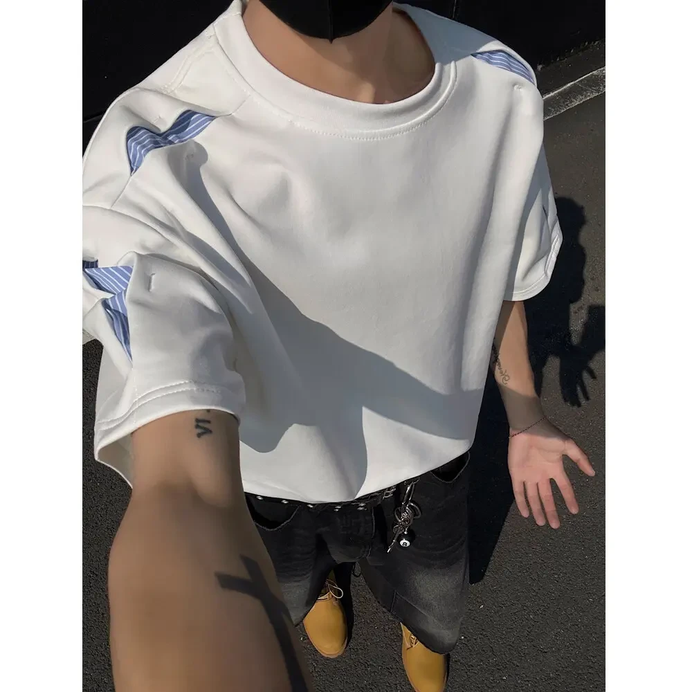 22号穿搭【江南阔少】条纹解构拼接设计款夏季基础百搭T恤短袖男