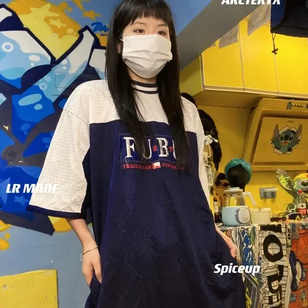 夏季新款宽松拼色圆领短袖T恤女百搭显瘦上衣 胸围126cm 衣长74cm