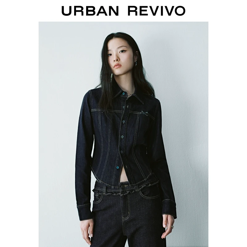 UR2025秋季新款女装复古蝴蝶结水洗长袖牛仔衬衫UYY850027