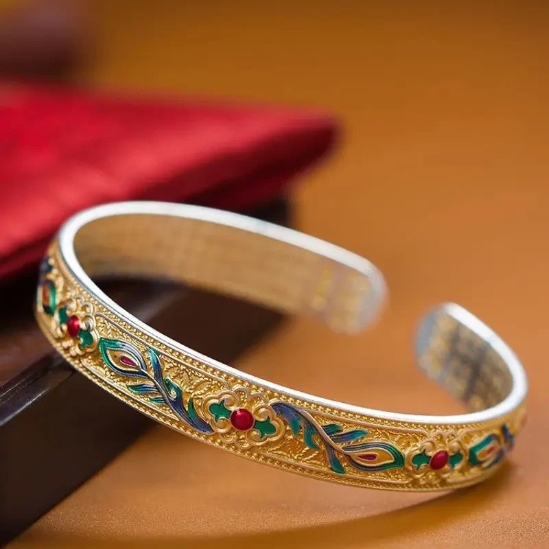 足银手镯999珐琅凤羽翔描金心经纯银开口镯子情人节礼物送女朋友