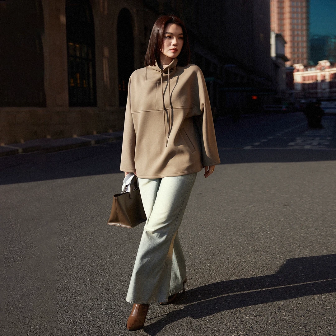 PLUSMALL Dynamic卫衣双面绒宽版高领抽绳分割线松弛廓形慵懒上衣