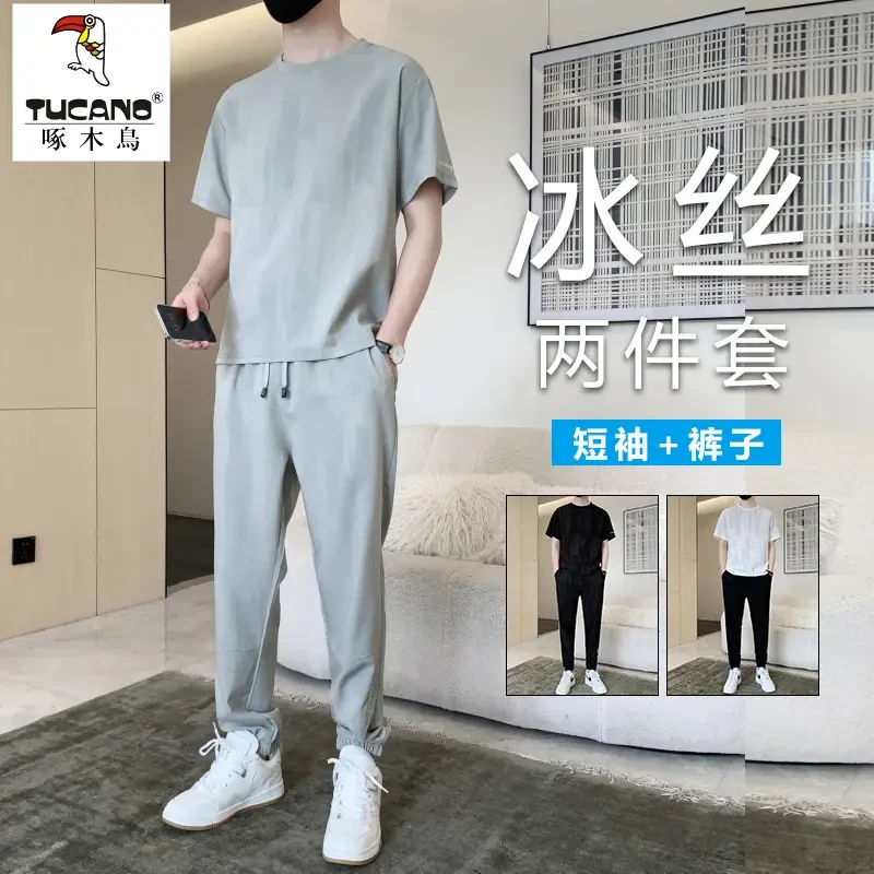 啄木鸟爆款冰丝男士长裤短袖运动T恤套装百搭薄款休闲T恤两件套装