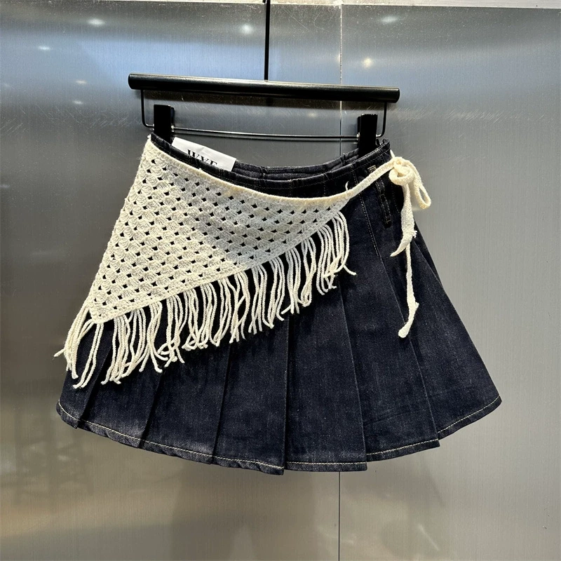 黑色流苏高腰减龄牛仔百褶裙