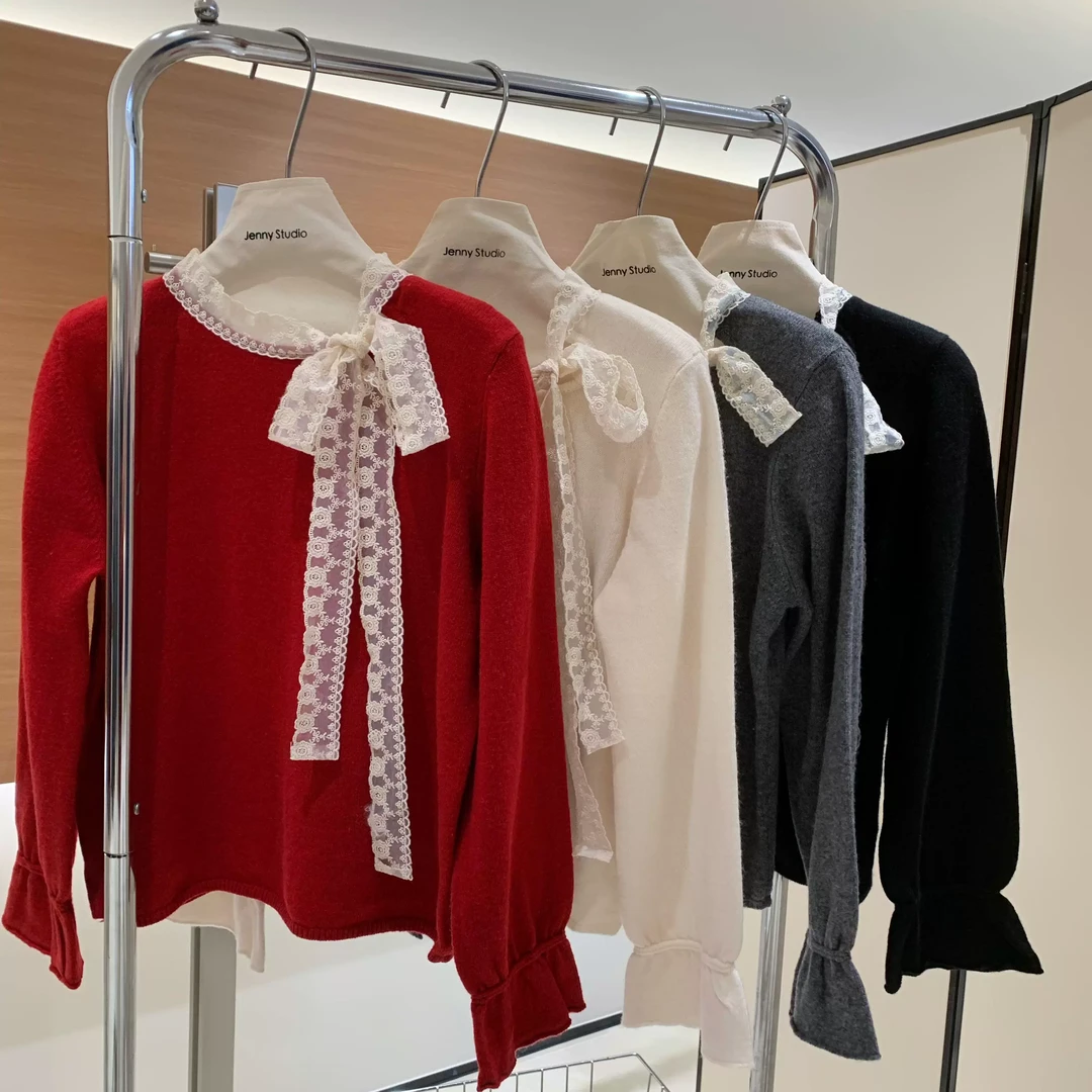 已特价!【100绵羊毛】小香风拼接蕾丝飘带软糯针织衫3260